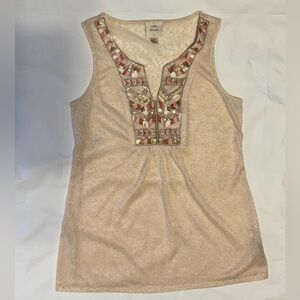 Women’s Knox Rose Tank Top Cream Boho Split V Loose Beads Sequins Embroidered